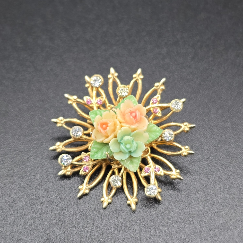 VTG Coro Signed Floral Brooch Gold Tone Thermoset Roses Rhinestone Starburst Pin